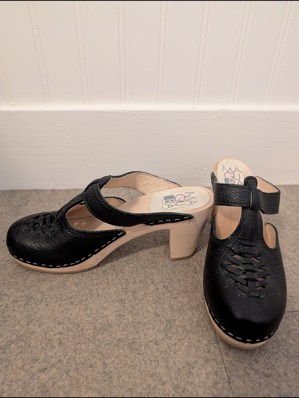 Maguba Black Leather Swedish Clog Heels Size 37 / US 7-7.5